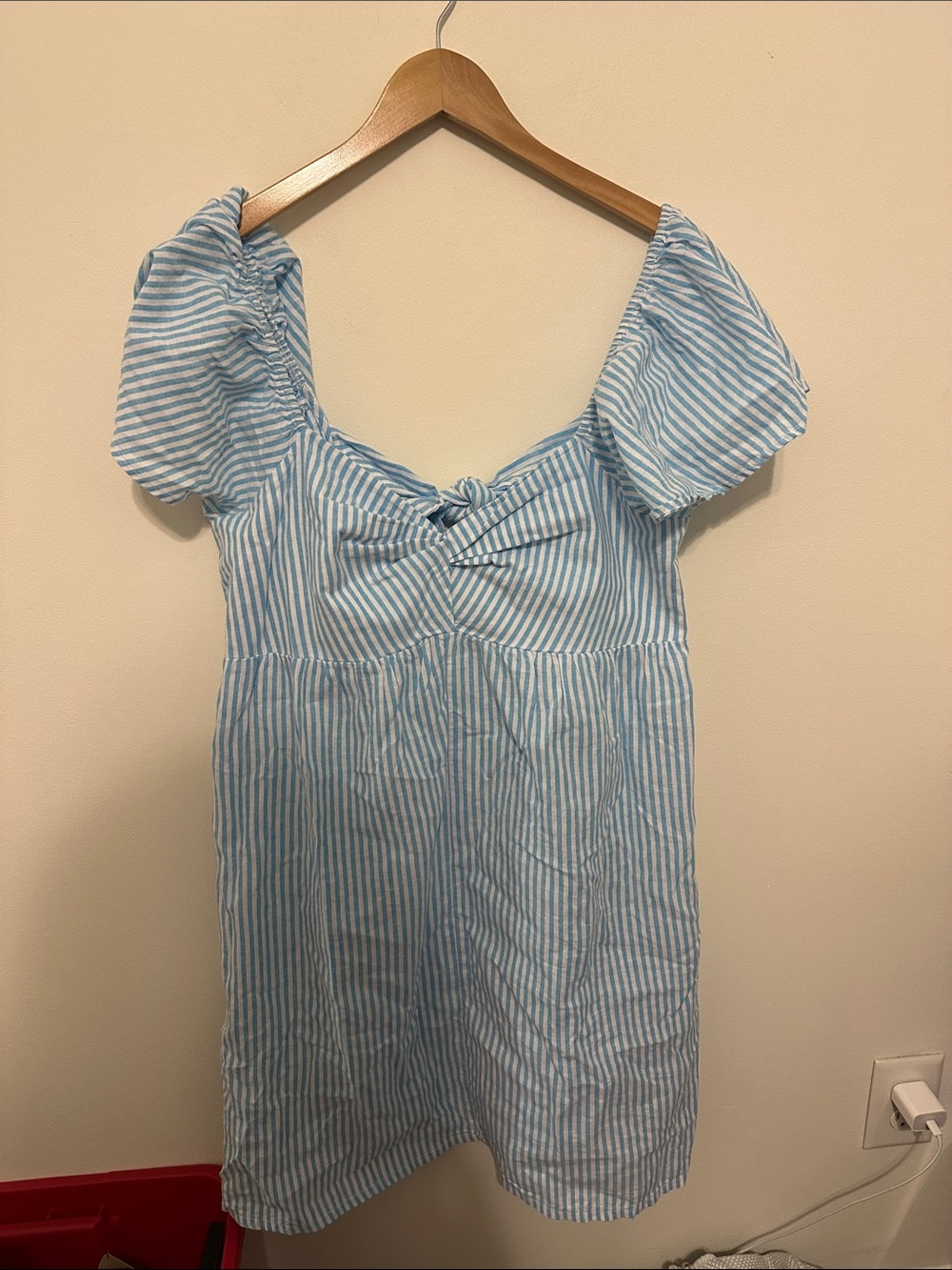 Blue Striped Mini Dress with Puff Sleeves